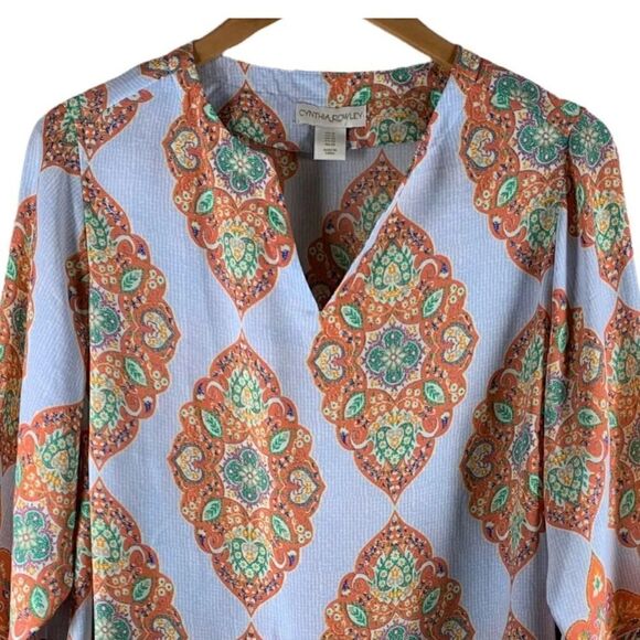 CYNTHIA ROWLEY- Blue and Orange Medallion Print Boho Tunic Top, Plus Size 1X - Picture 3 of 12